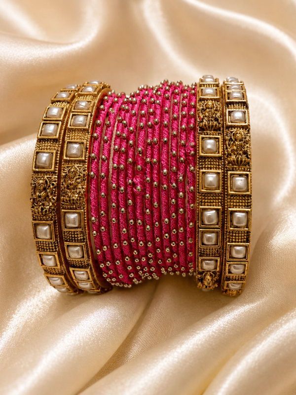 Pink Thread-Style Pearl Bangles