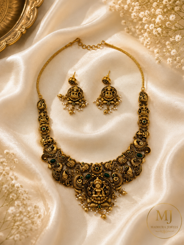 Lakshmi Peacock Temple Necklace Set – Green
