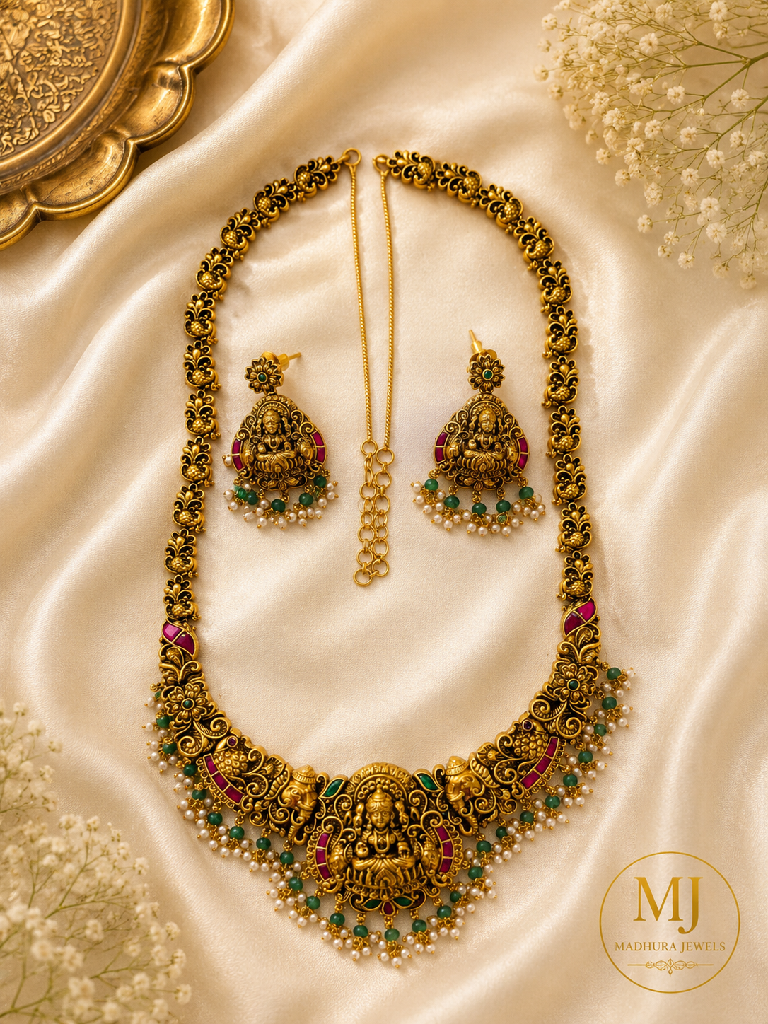 Lakshmi Temple Jewellery Necklace Set – Green & Pink