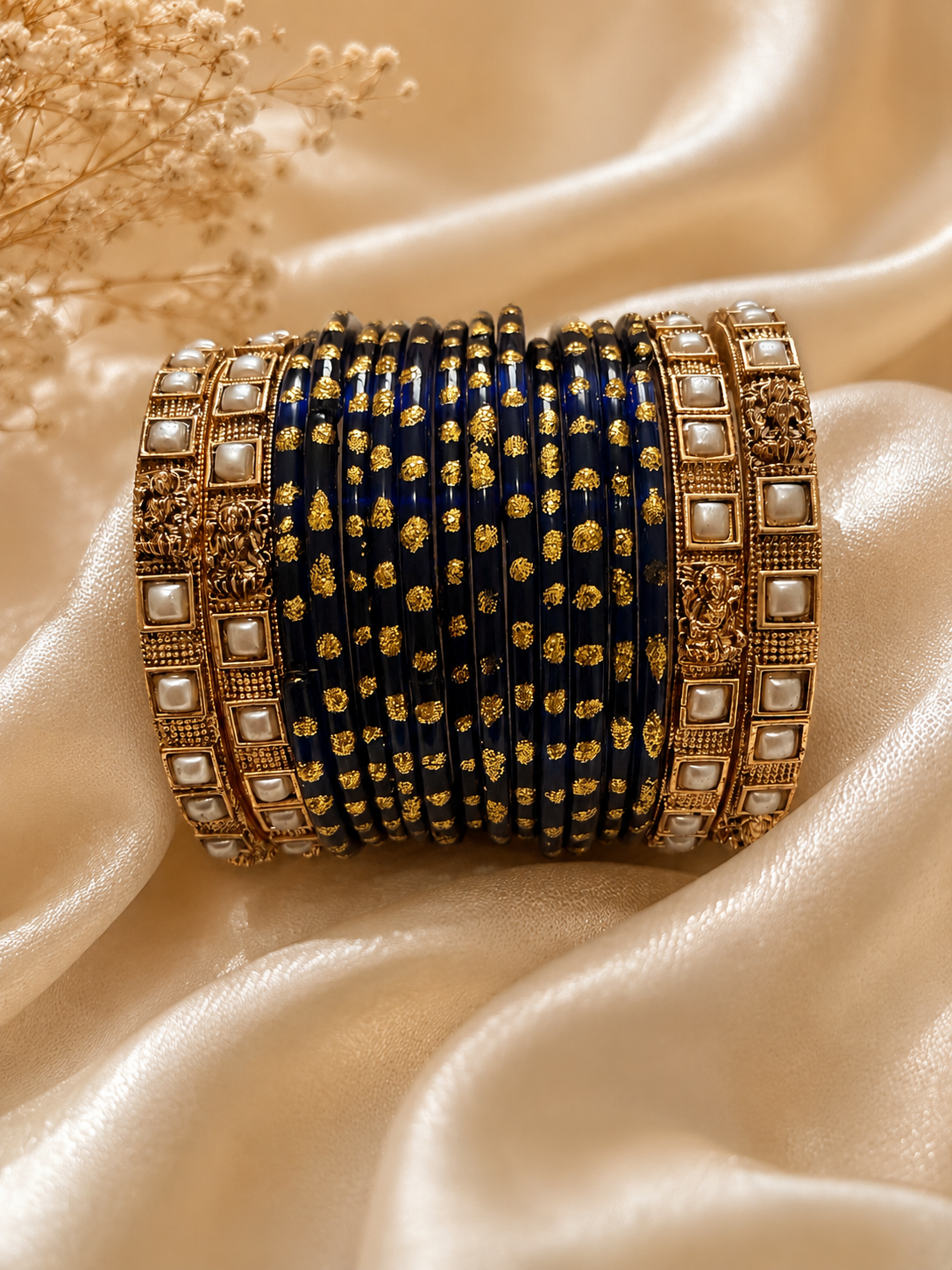 Royal Blue & Pearl Temple Bangles