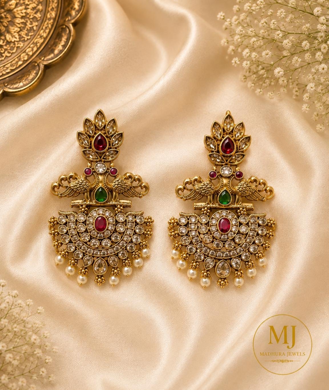 Peacock-Inspired Ruby & Emerald Kundan Earrings