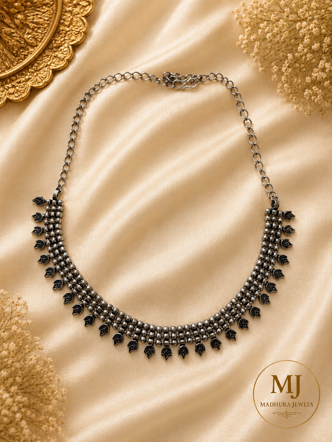 Oxidized Silver Beaded Leaf Necklace