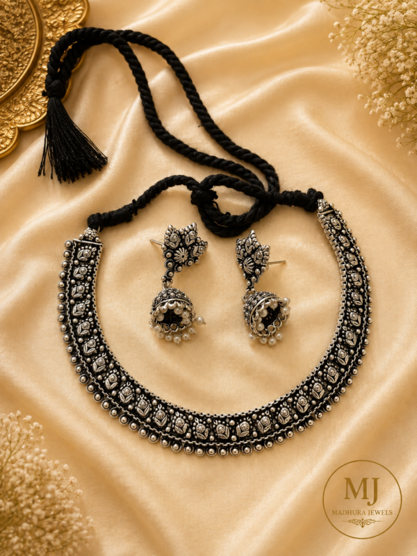 Oxidized Silver Floral Choker Set
