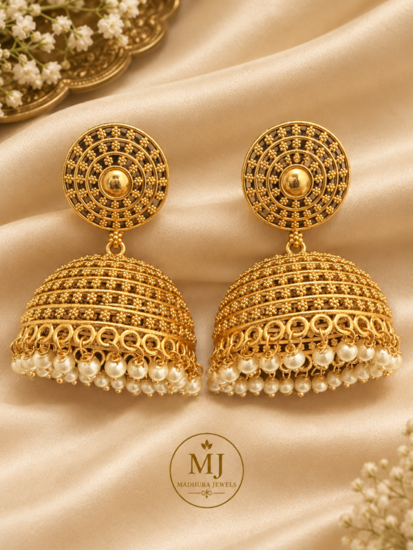 Gold Filigree Pearl Jhumka Earrings