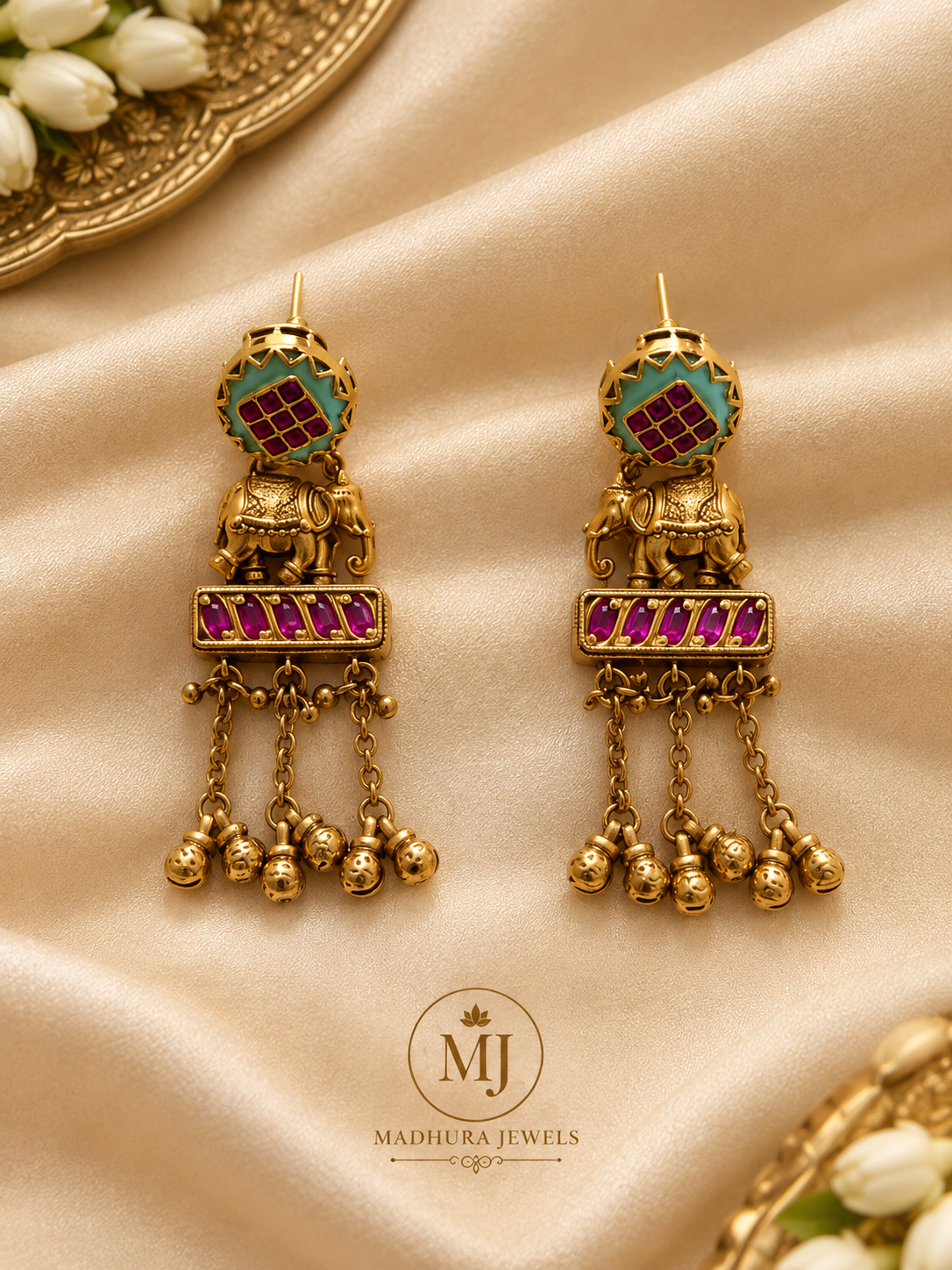 Multicolor Temple Elephant Jhumka Earrings