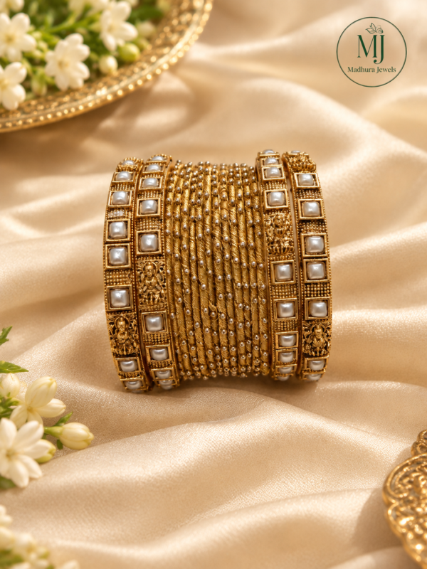 Ornate gold & pearl heritage thread bangles